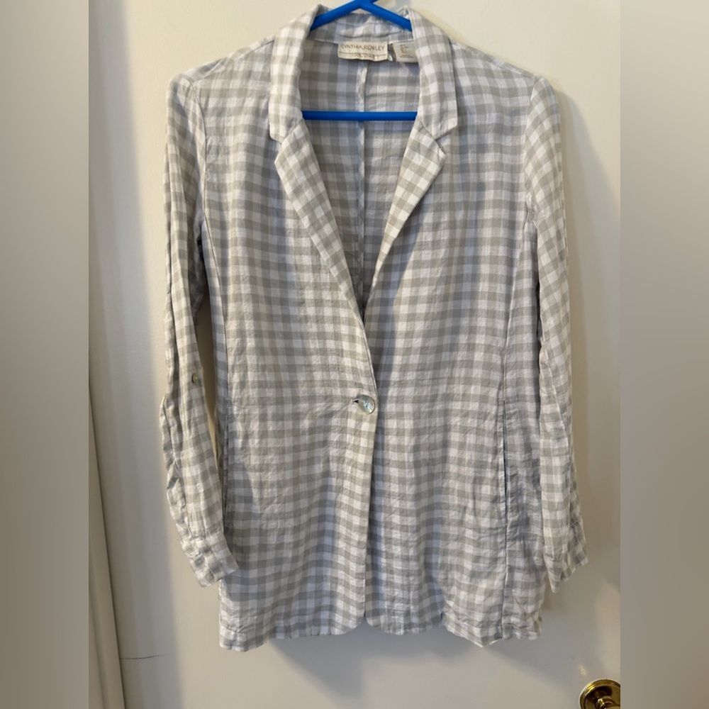 Cynthia Rowley Greige/Grey/Tan and White Gingham 100% Linen Blazer sz Small
